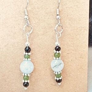 Stainless Steel Dangle Earrings w/Genuine Termalinated Quartz, Onyx & Jade